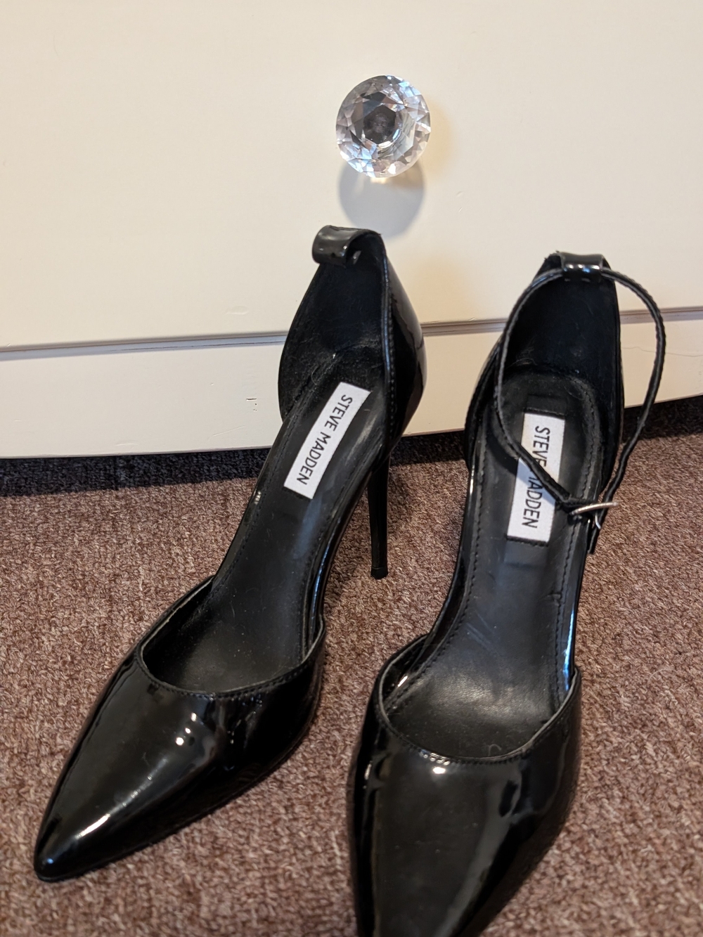 Steve Madden Black Patent Pointed Ankle-Strap Stilettos
